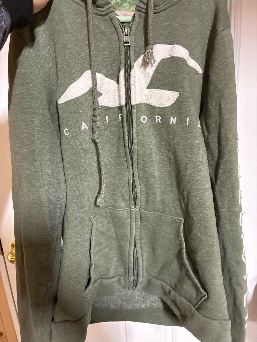 Hollister Olive Green Zip-Up Hoodie with White Logo